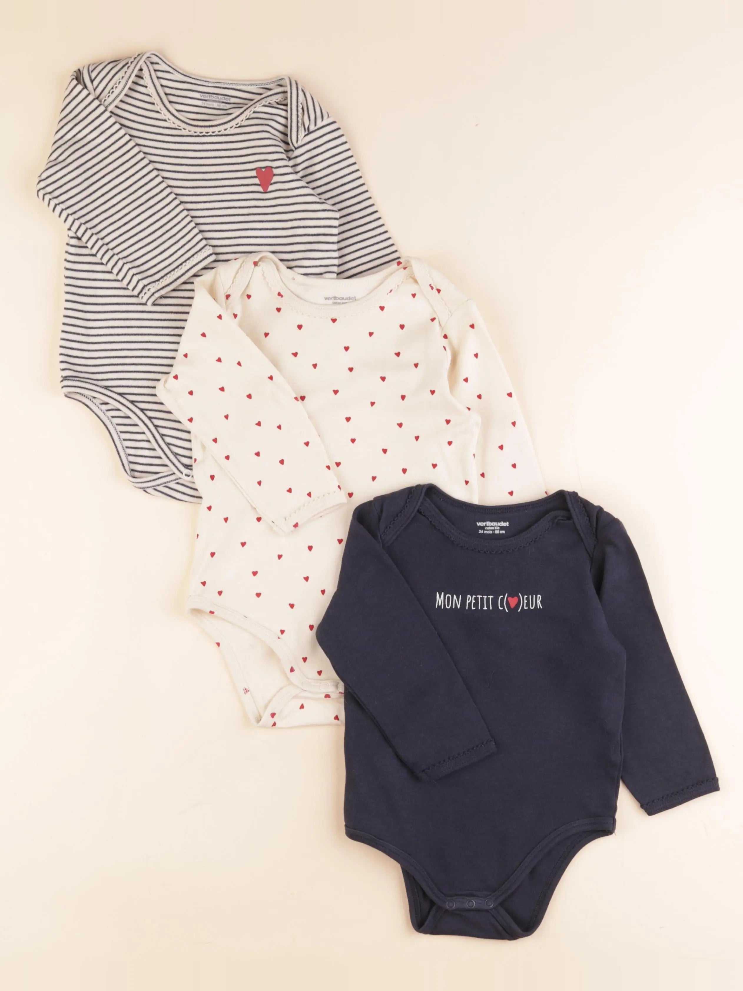 Vertbaudet - lot de 3 bodies en coton beige, bleu - 24 mois