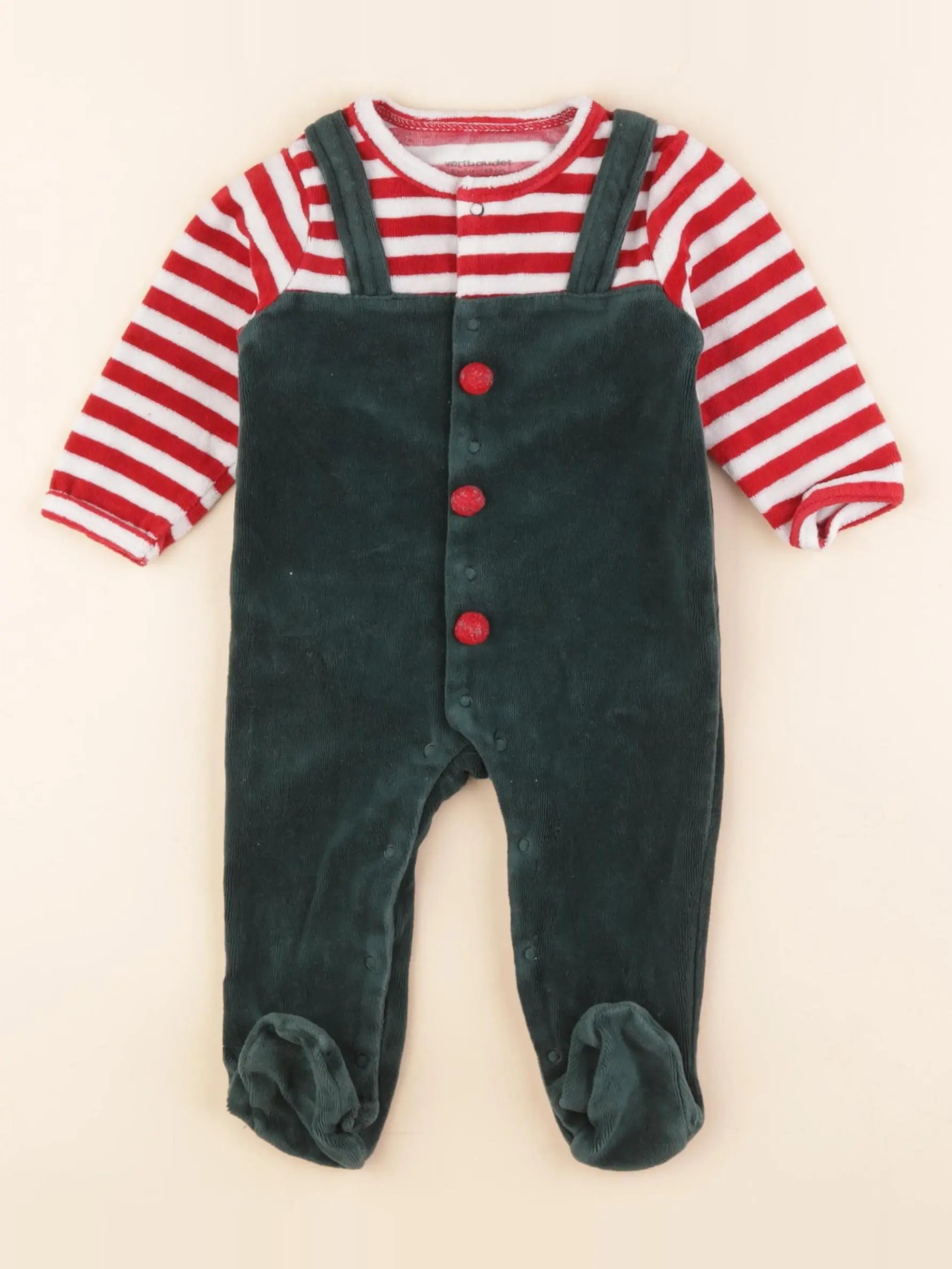 Vertbaudet - pyjama velours vert, rouge - 6 mois