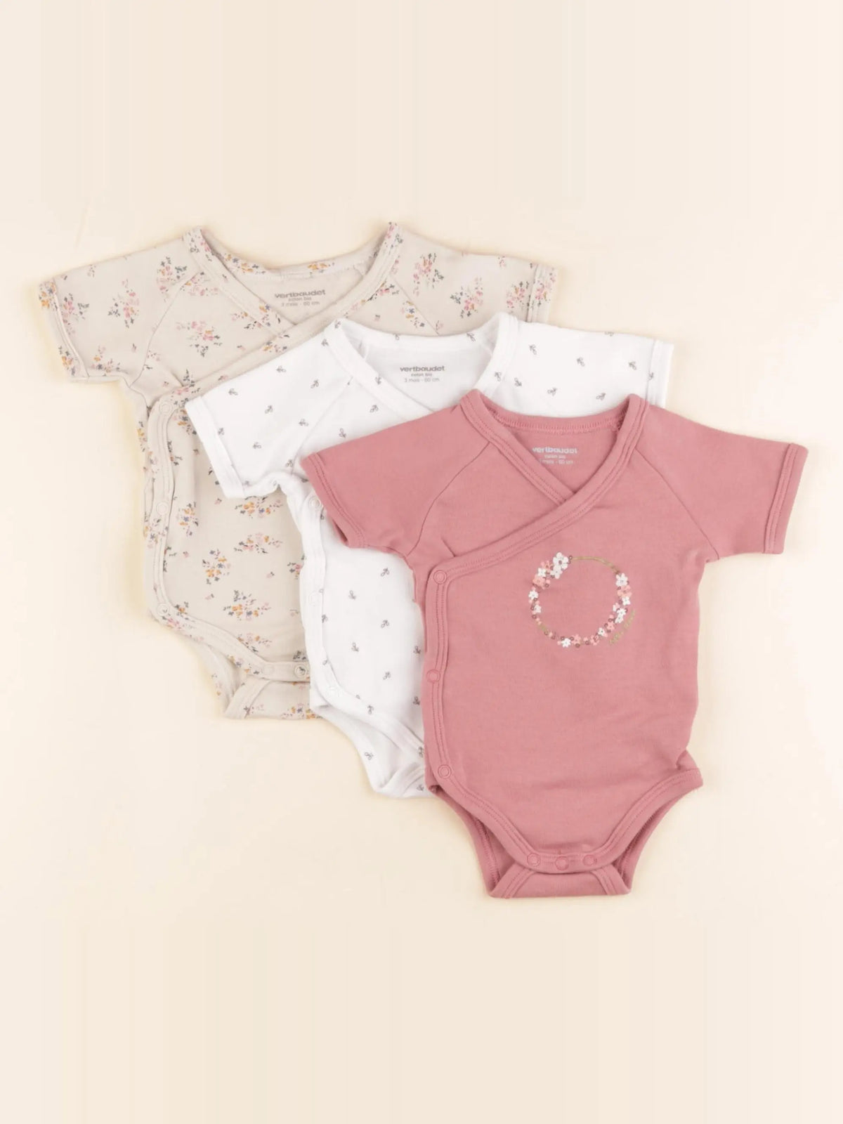 Vertbaudet - lot de 3 bodies en coton rose, beige - 3 mois