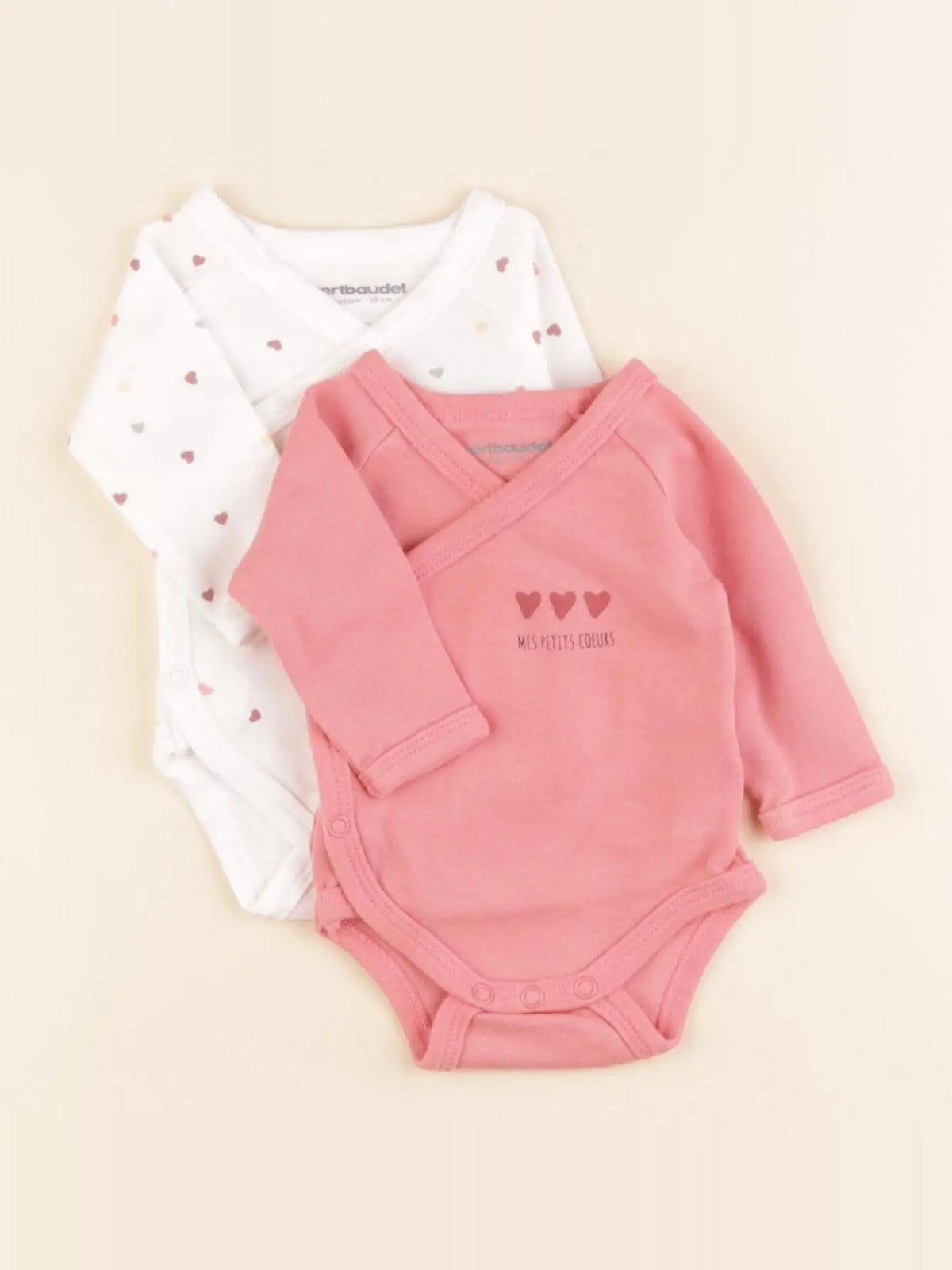 Vertbaudet - lot de 2 bodies en coton rose, blanc - 0 mois