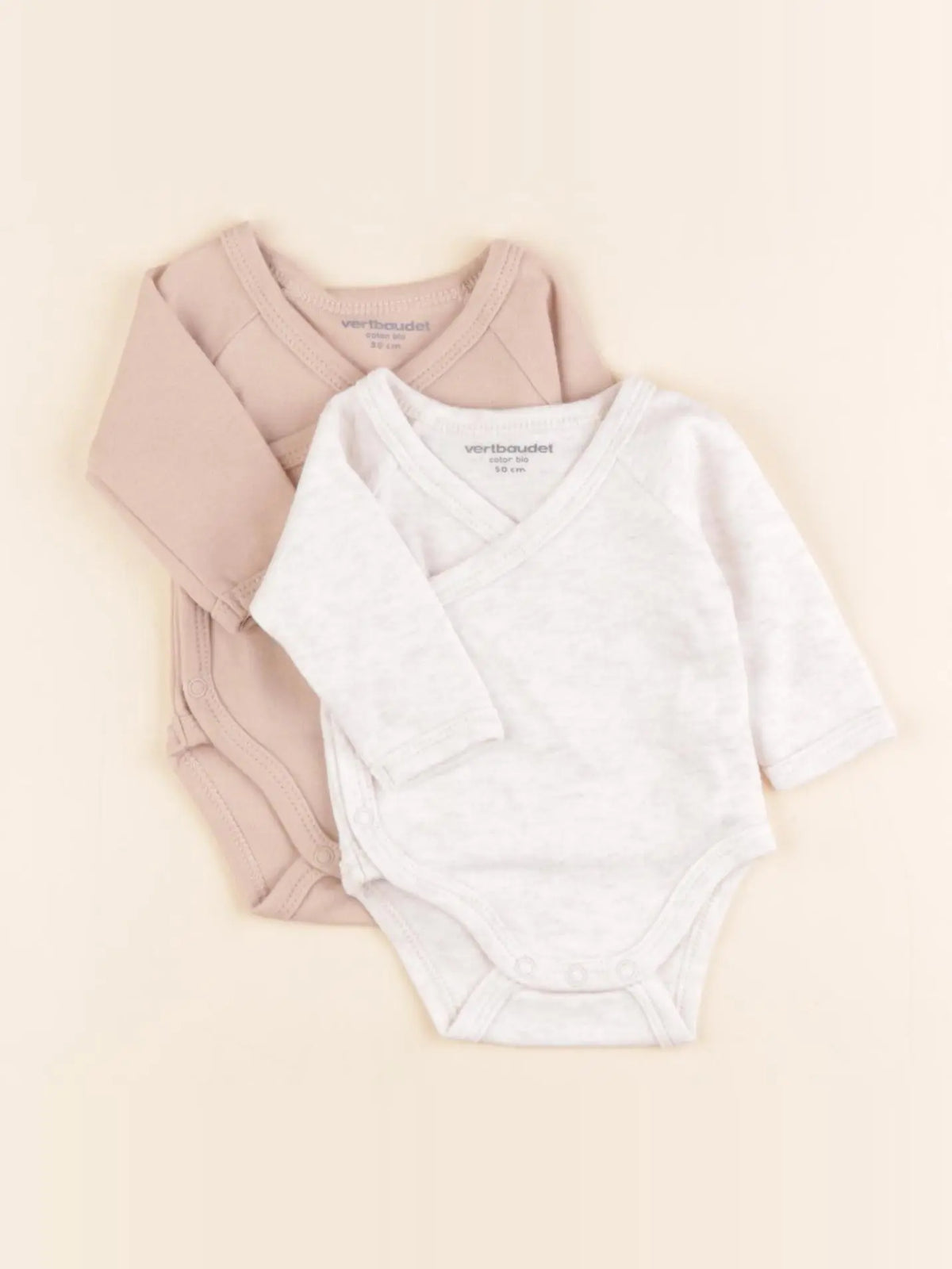 Vertbaudet - lot de 2 bodies en coton beige, marron - 0 mois
