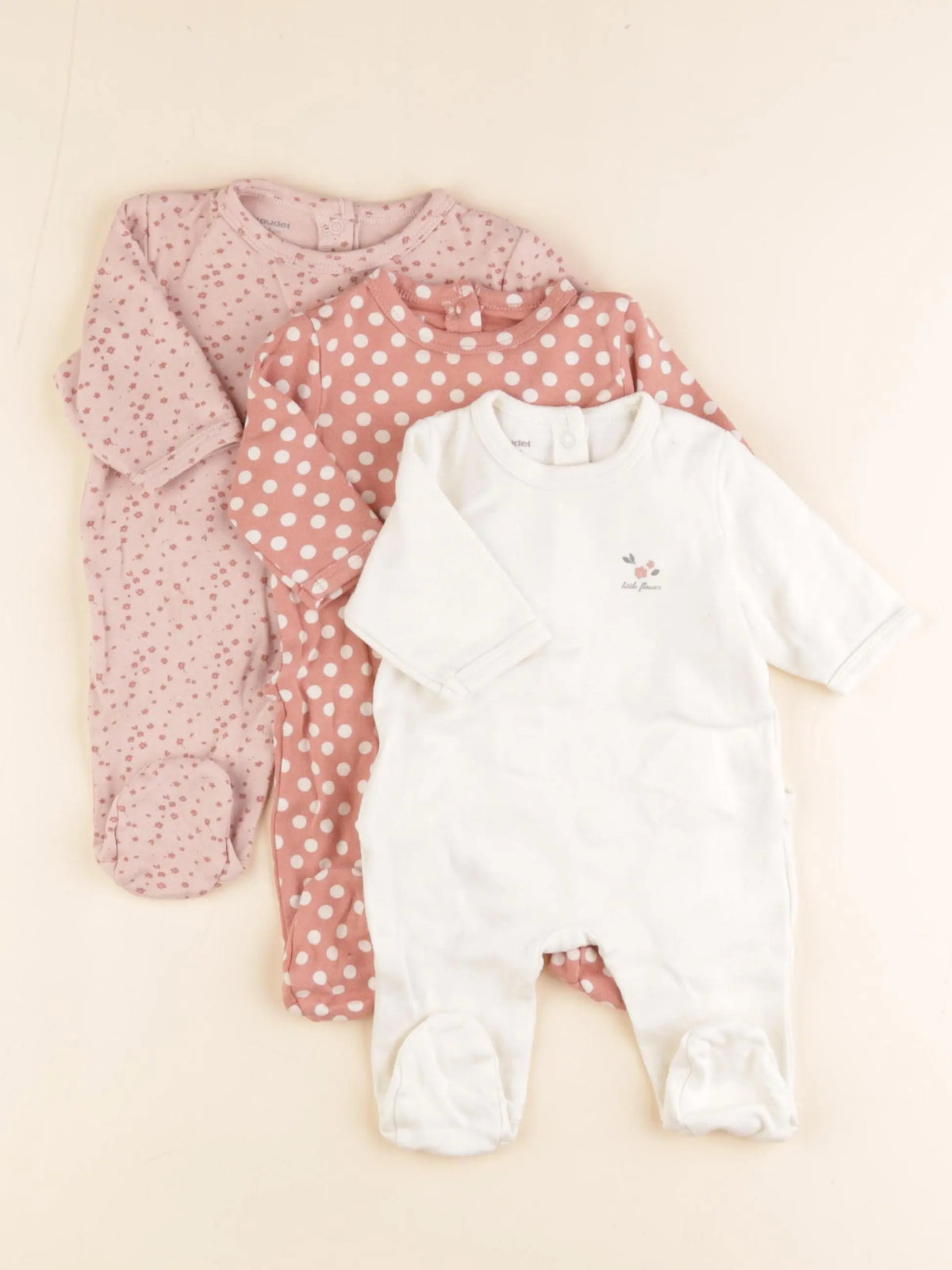 Vertbaudet - lot de 3 pyjamas coton beige, rose - 1 mois