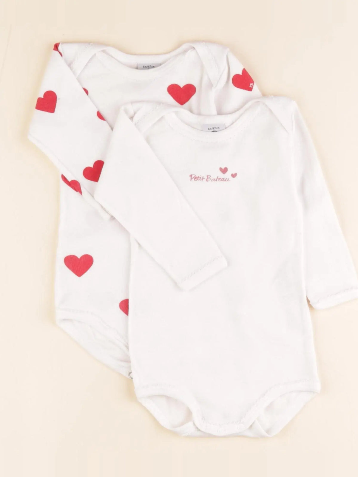 Petit Bateau - lot de 2 bodies en coton beige, rouge - 6 mois