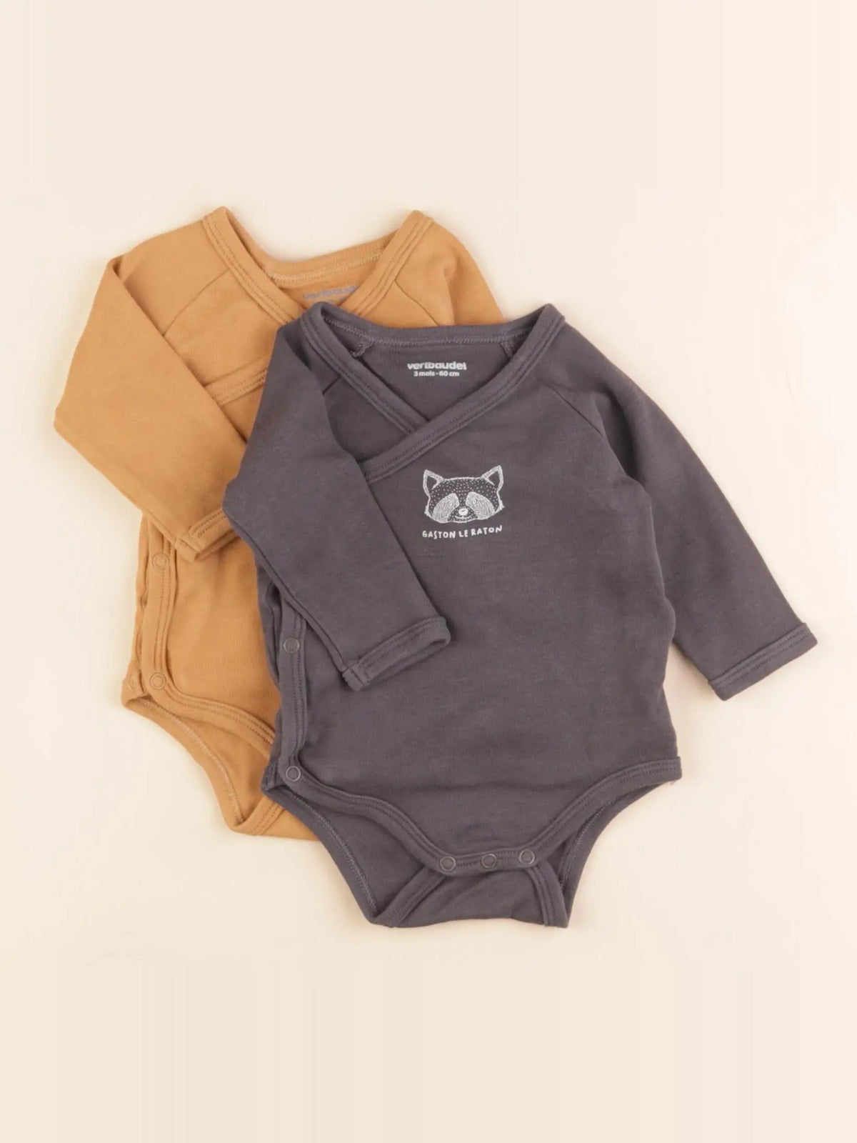 Vertbaudet - lot de 2 bodies en coton marron, gris - 3 mois