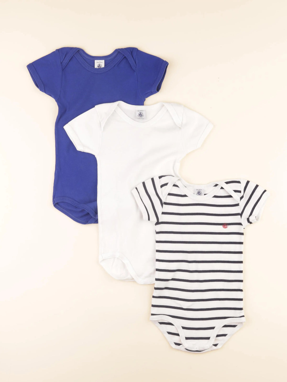 Lot de 3 bodies en coton bleu, blanc
