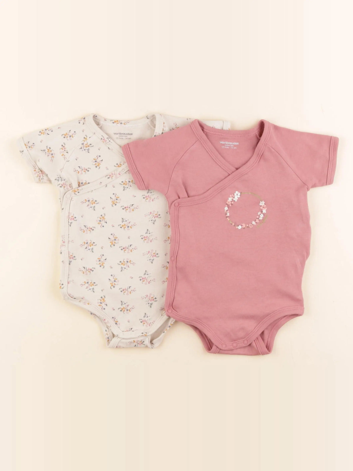 Vertbaudet - lot de 2 bodies en coton beige, rose - 12 mois