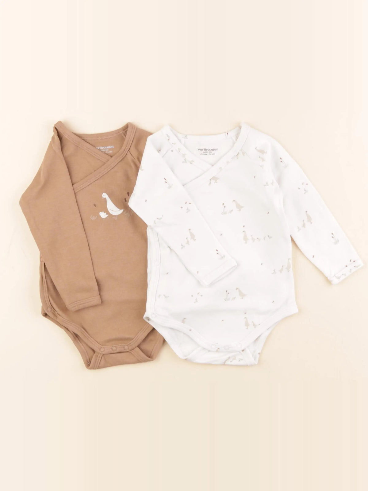 Vertbaudet - lot de 2 bodies en coton blanc, marron - 12 mois