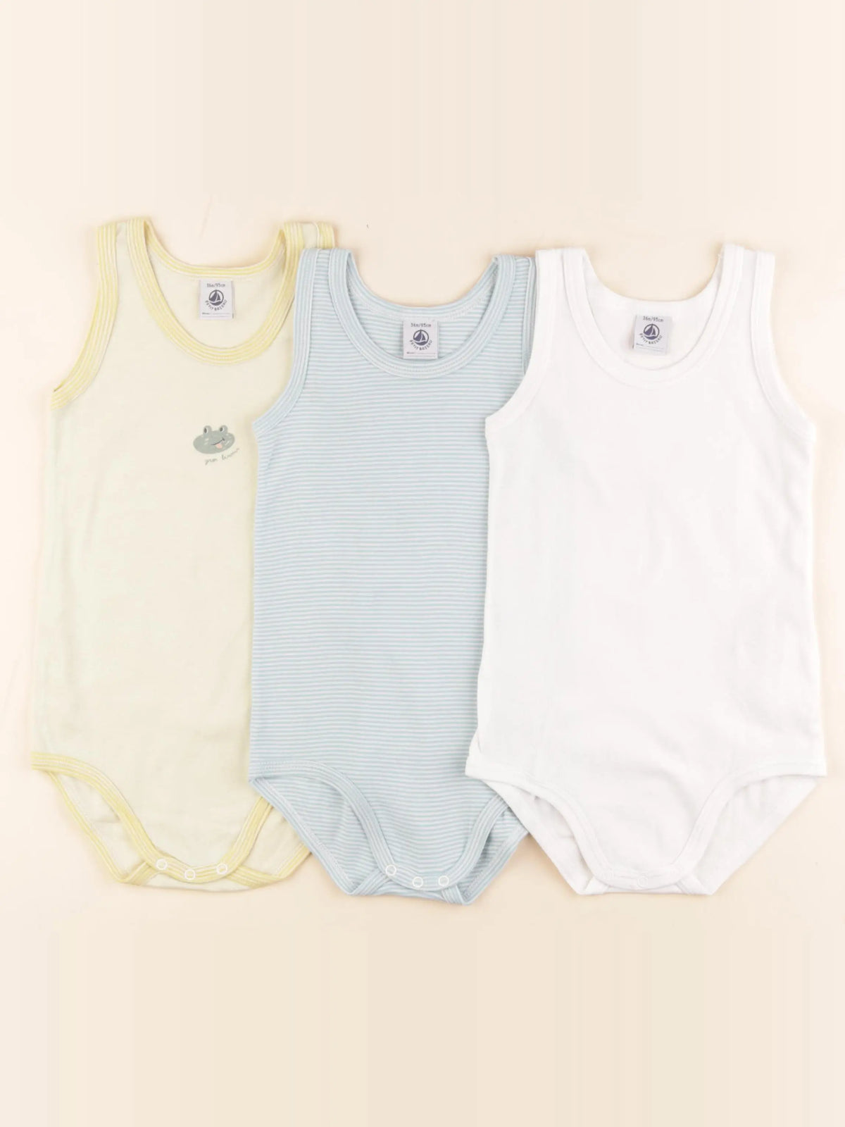 Petit Bateau - lot de 3 bodies en coton blanc, bleu, jaune - 36 mois