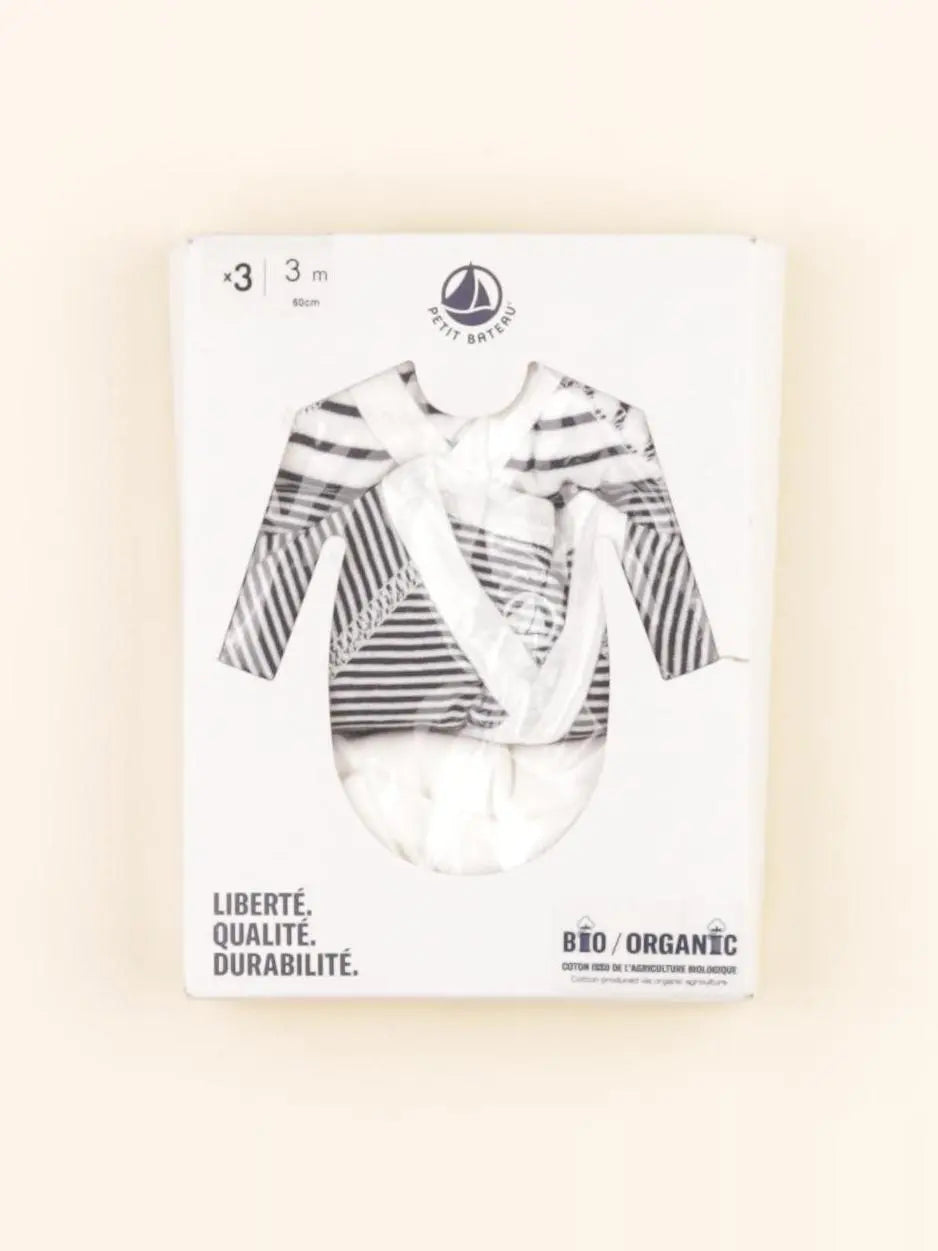 Petit Bateau - lot de 3 bodies en coton blanc, bleu - 3 mois
