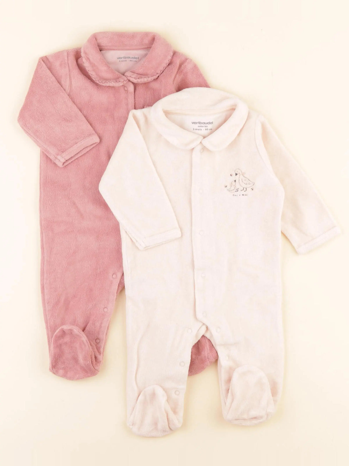 Vertbaudet - lot de 2 pyjamas velours rose - 3 mois