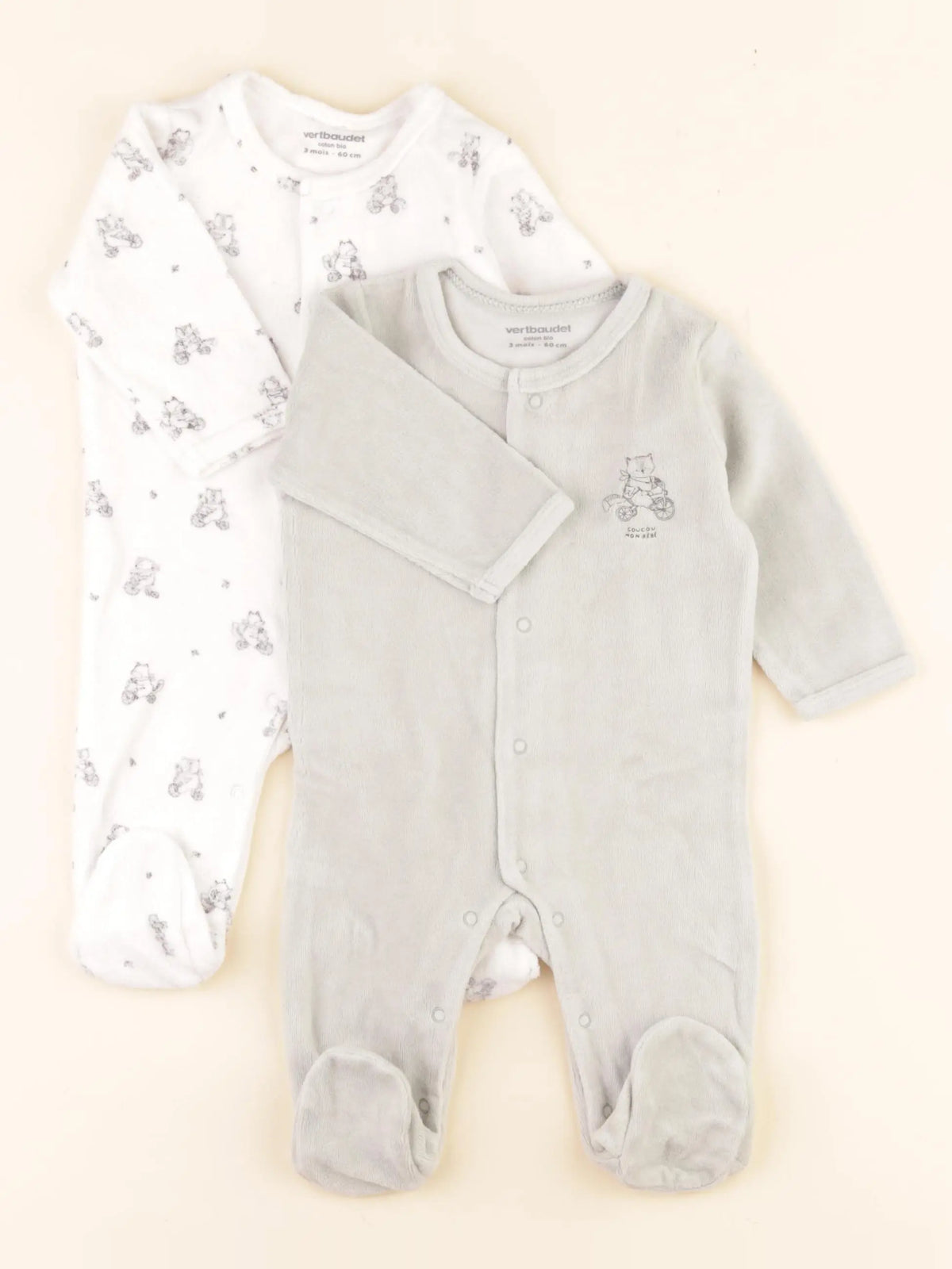 Vertbaudet - lot de 2 pyjamas velours blanc, vert - 3 mois