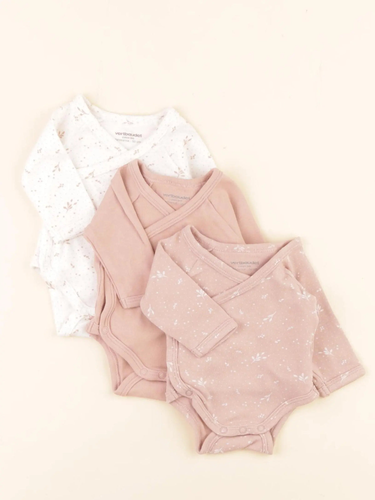 Vertbaudet - lot de 3 bodies en coton rose - 0 mois
