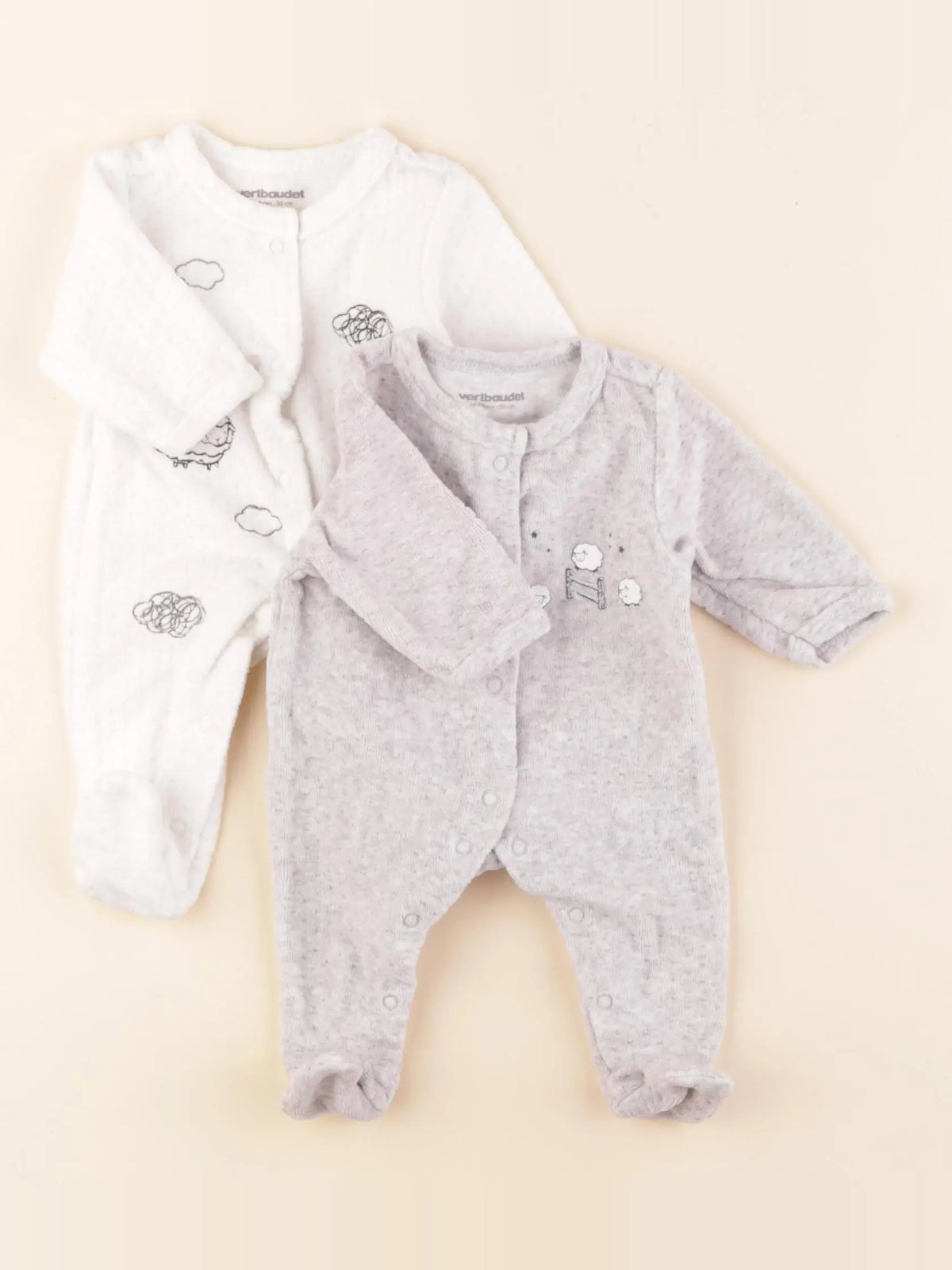 Vertbaudet - lot de 2 pyjamas velours gris, blanc - 0 mois