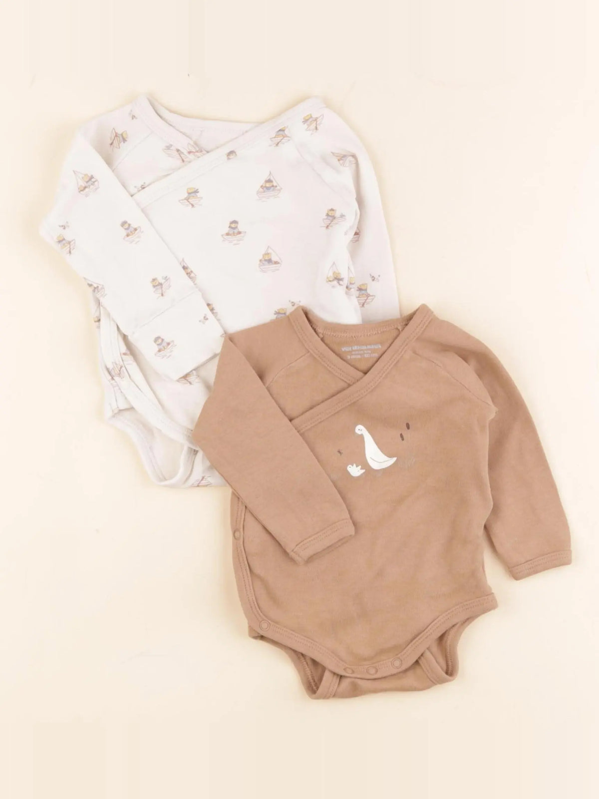 Vertbaudet - lot de 2 bodies en coton beige, marron - 3 mois