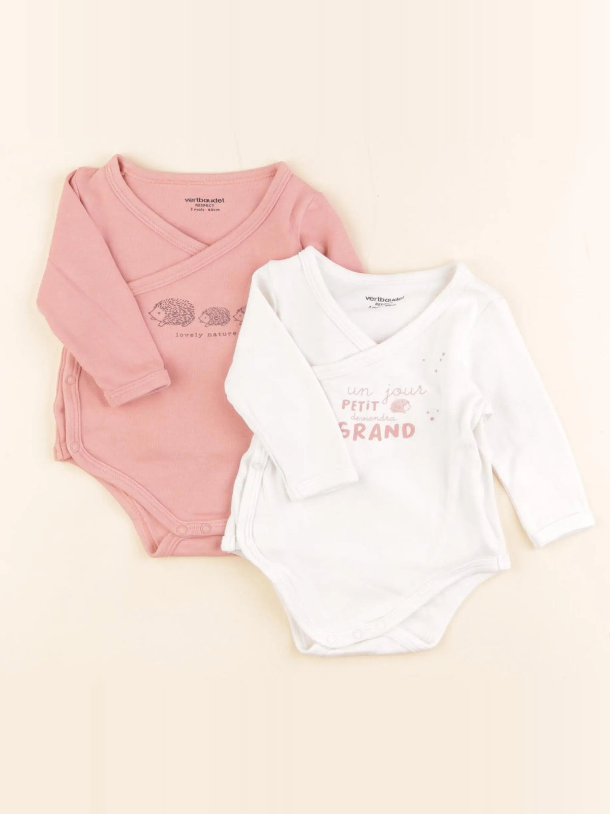 Vertbaudet - lot de 2 bodies en coton blanc, rose - 3 mois