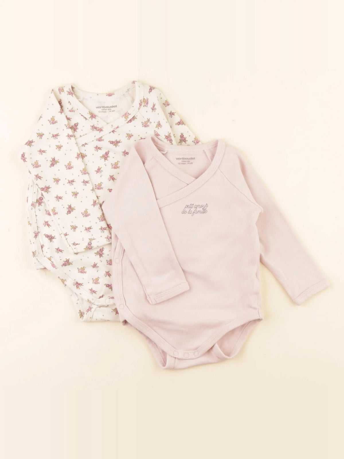 Vertbaudet - lot de 2 bodies en coton beige, rose - 12 mois