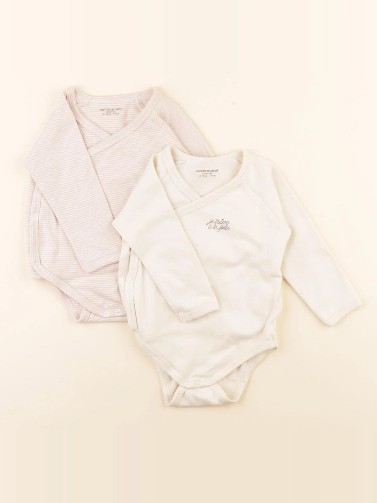 Vertbaudet - lot de 2 bodies en coton beige, rose - 12 mois
