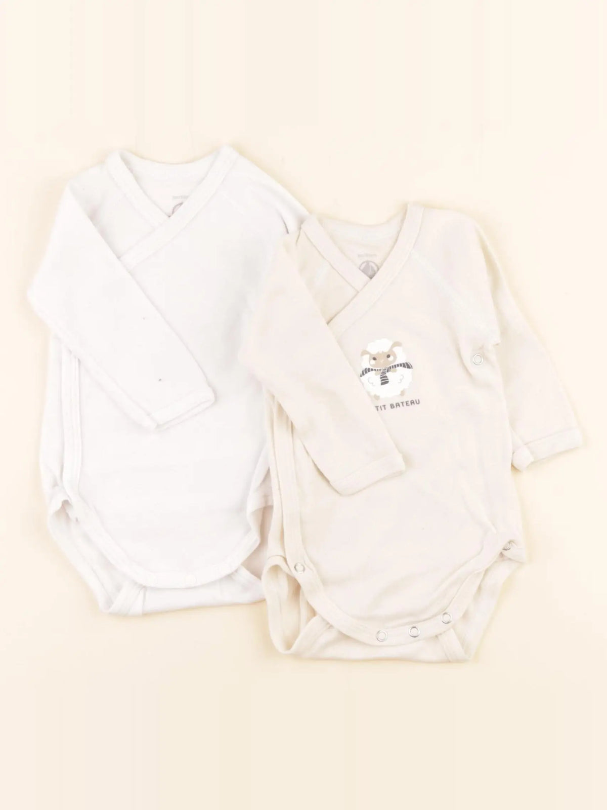 Petit Bateau - lot de 2 bodies en coton blanc, beige - 3 mois