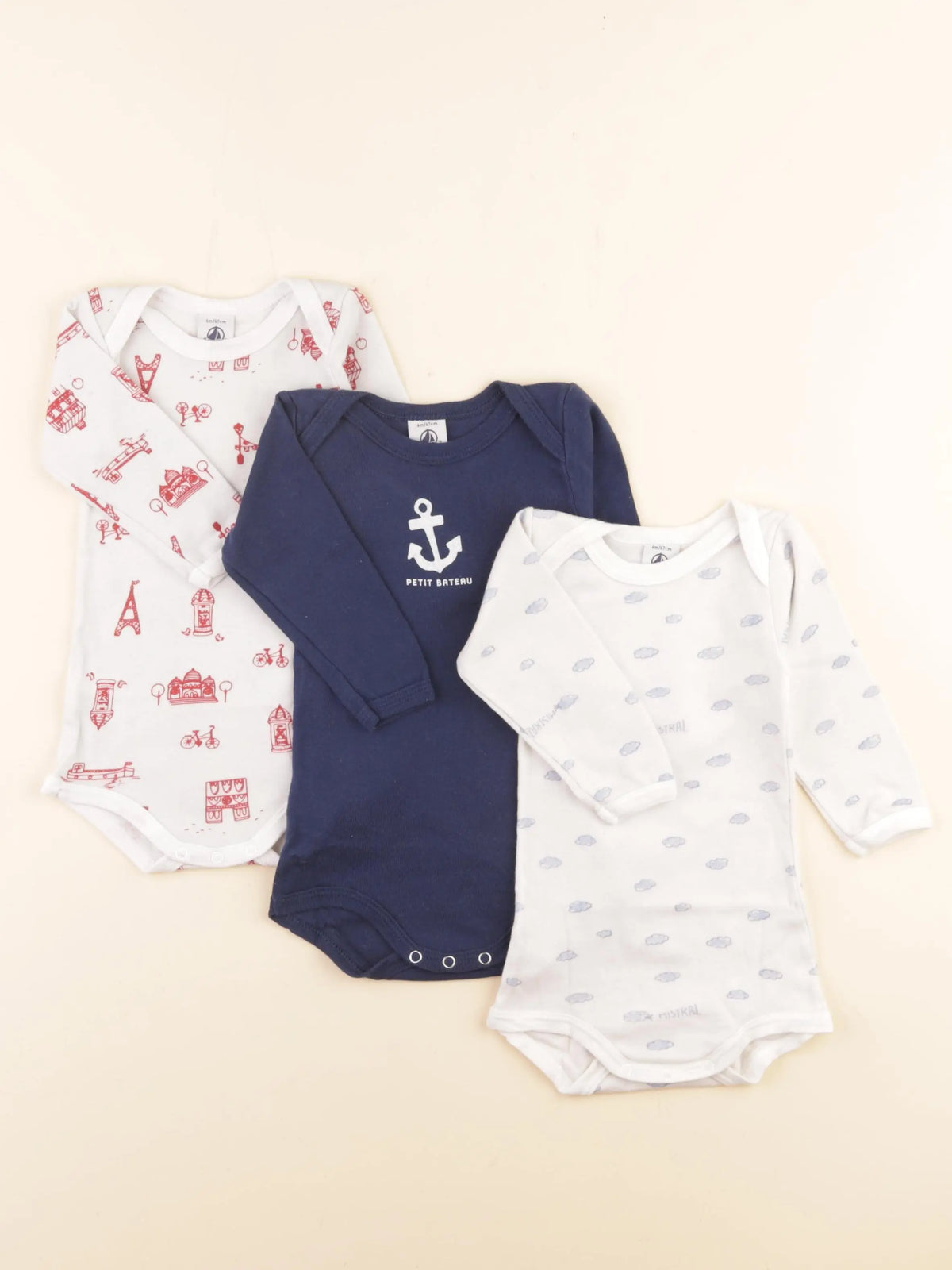 Petit Bateau - lot de 3 bodies en coton blanc, bleu, rouge - 6 mois