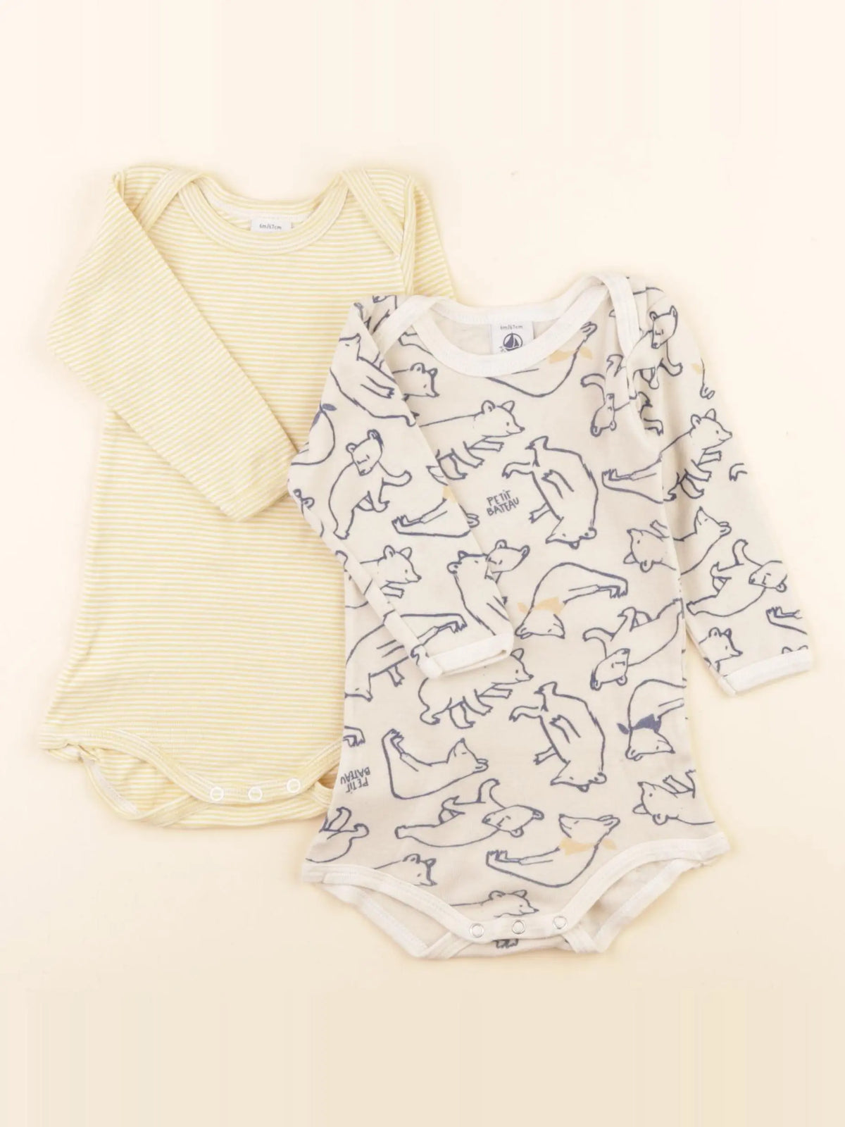 Petit Bateau - lot de 2 bodies en coton beige, jaune - 6 mois