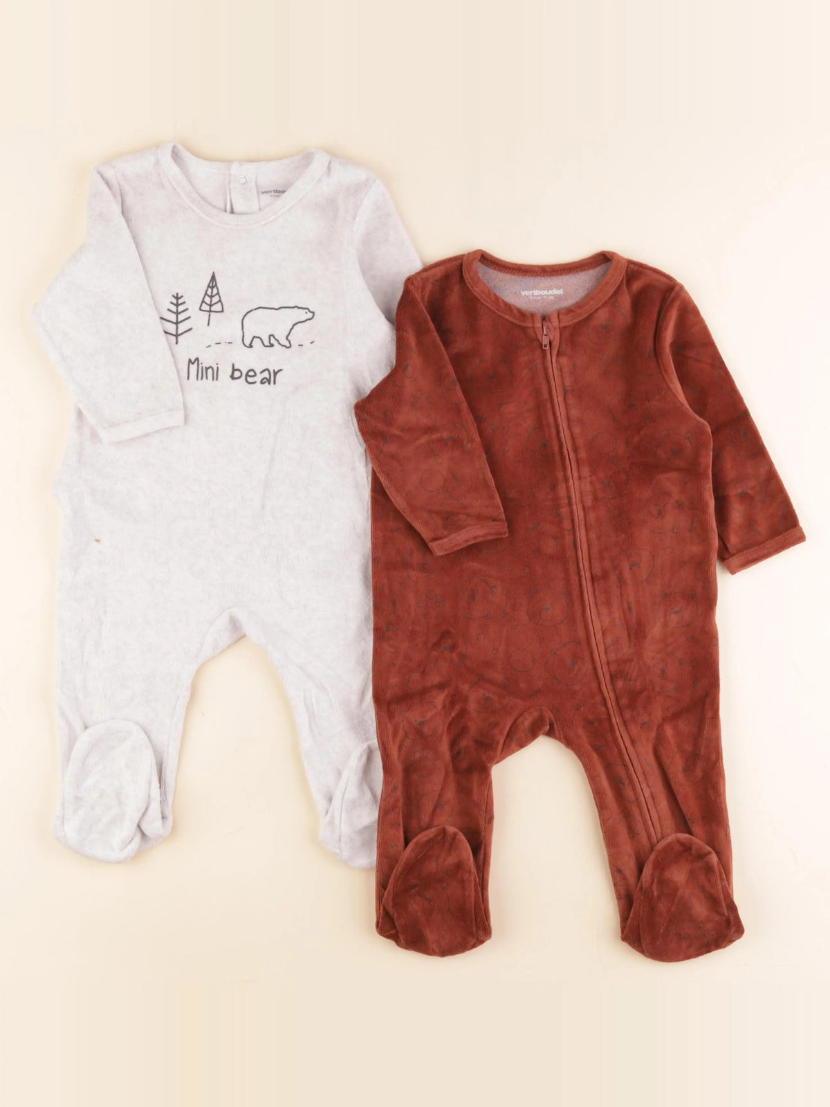 Vertbaudet - lot de 2 pyjamas velours marron, beige - 9 mois