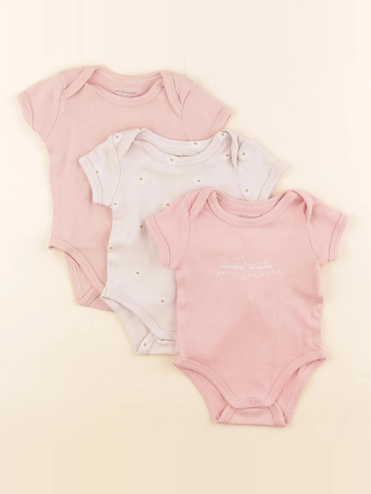 Vertbaudet - lot de 3 bodies en coton rose - 3 mois