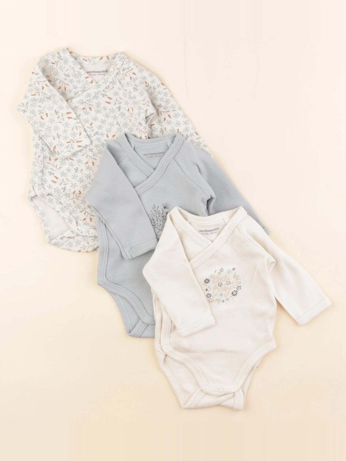 Vertbaudet - lot de 3 bodies en coton bleu, beige - 1 mois