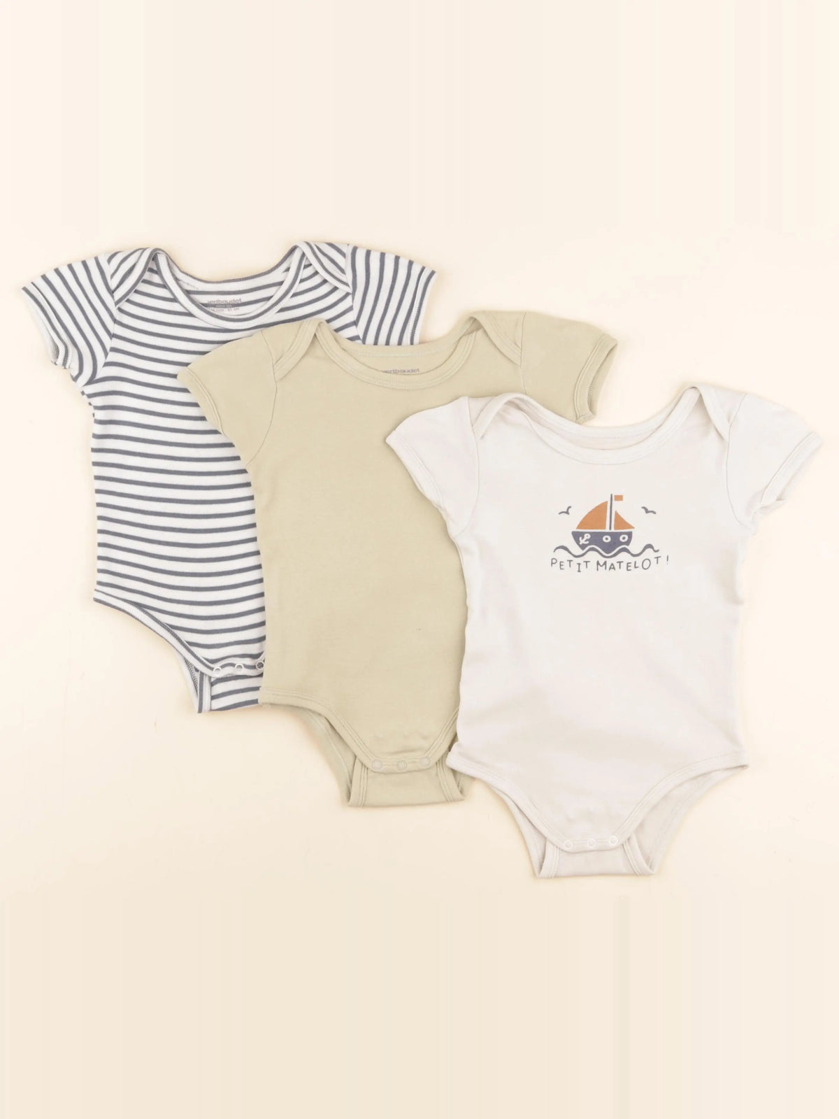Vertbaudet - lot de 3 bodies en coton beige, bleu - 18 mois