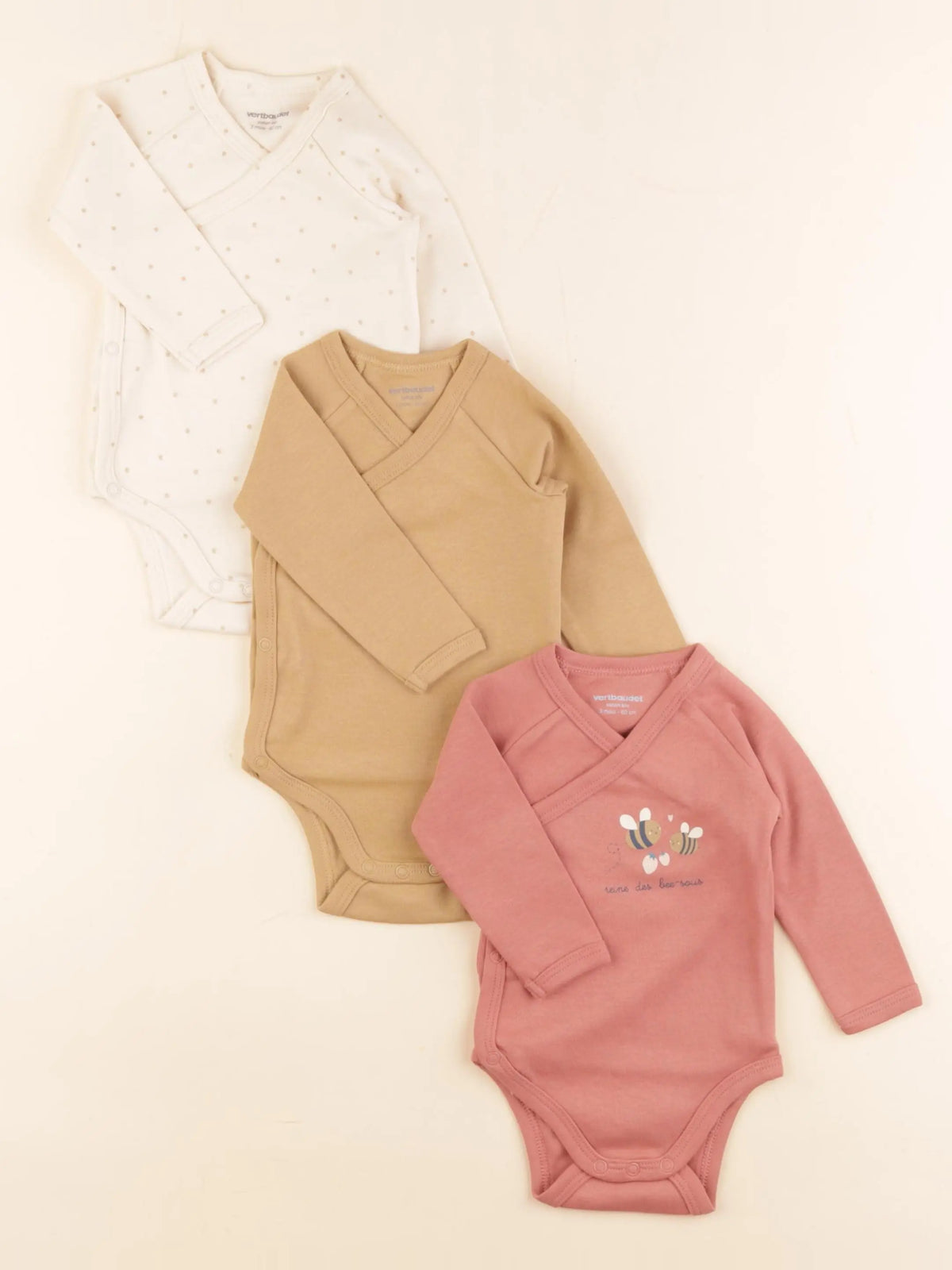 Vertbaudet - lot de 3 bodies en coton rose, marron - 3 mois