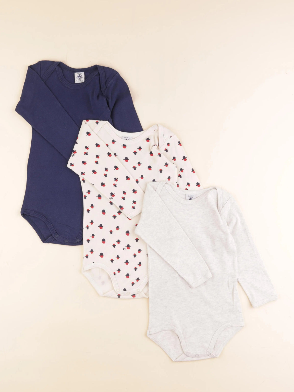 Petit Bateau - lot de 3 bodies en coton bleu, beige - 24 mois