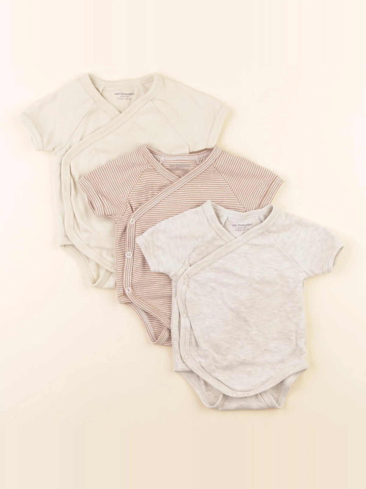 Vertbaudet - lot de 3 bodies en coton beige, marron - 3 mois