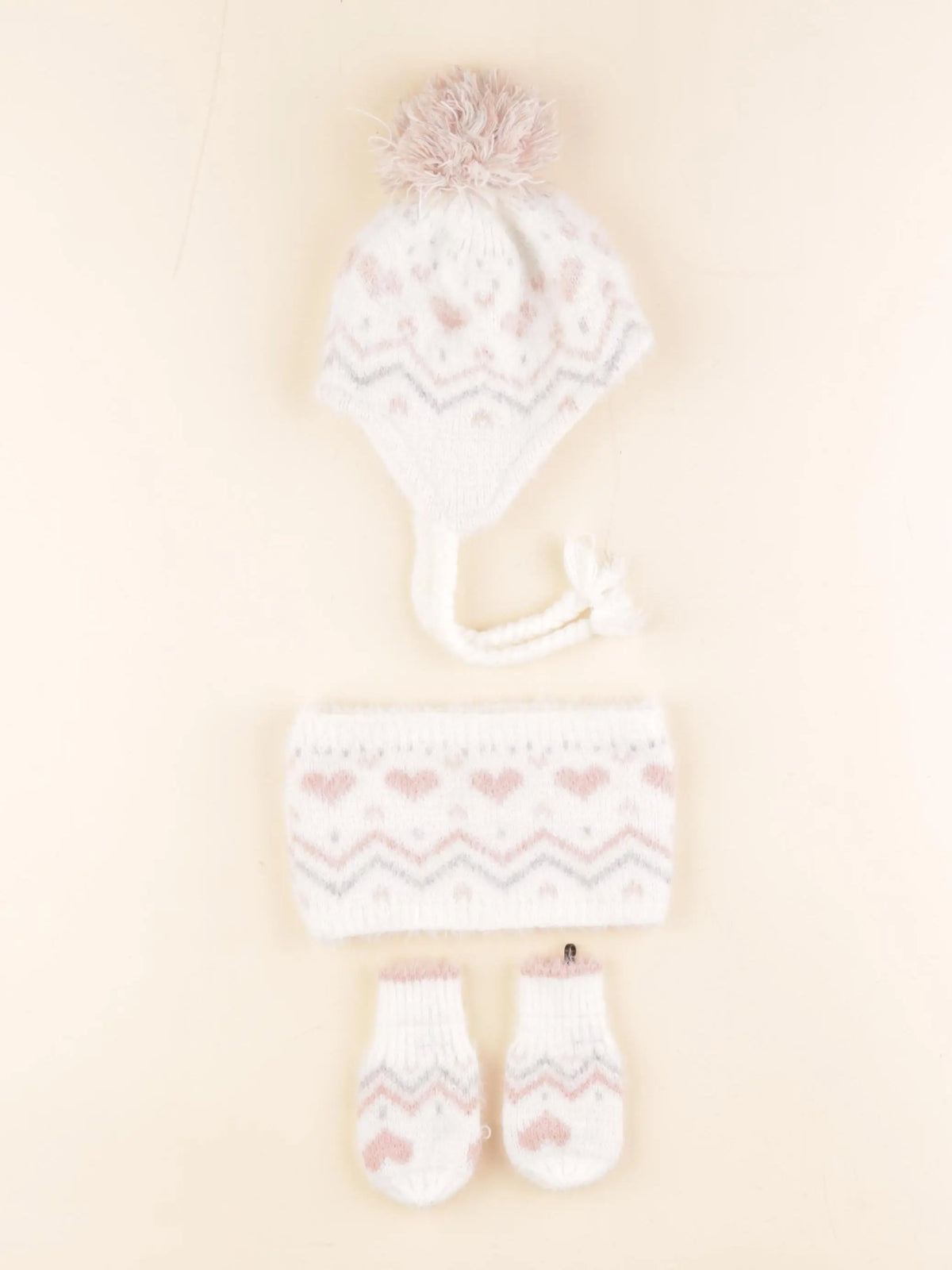 Vertbaudet - ensemble bonnet/moufles/tour de cou blanc, rose - 3/6 mois