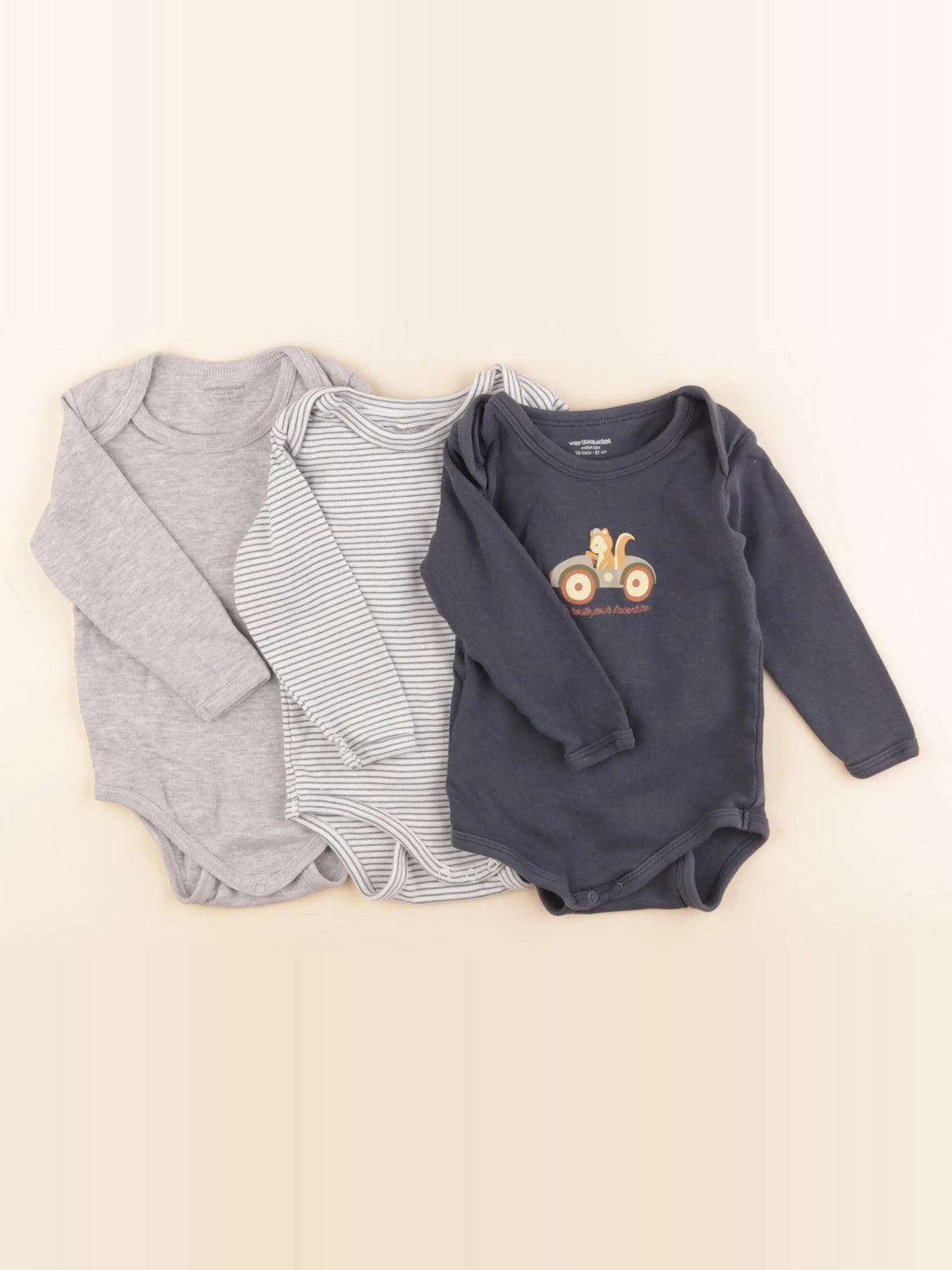 Vertbaudet - lot de 3 bodies en coton gris, bleu - 18 mois