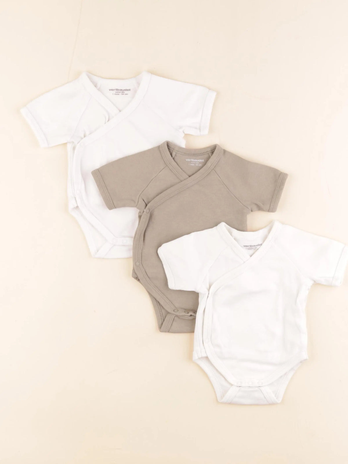 Vertbaudet - lot de 3 bodies en coton beige, vert - 1 mois