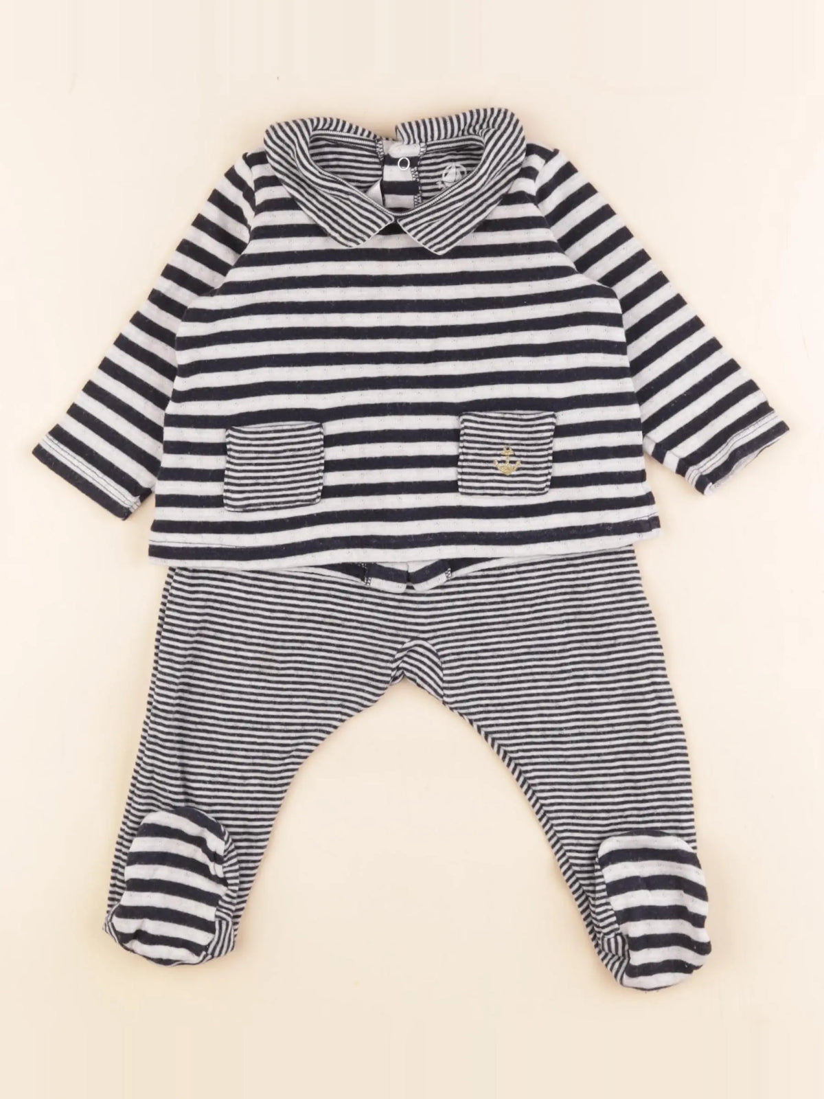 Petit Bateau - ensemble bleu, blanc - 6 mois