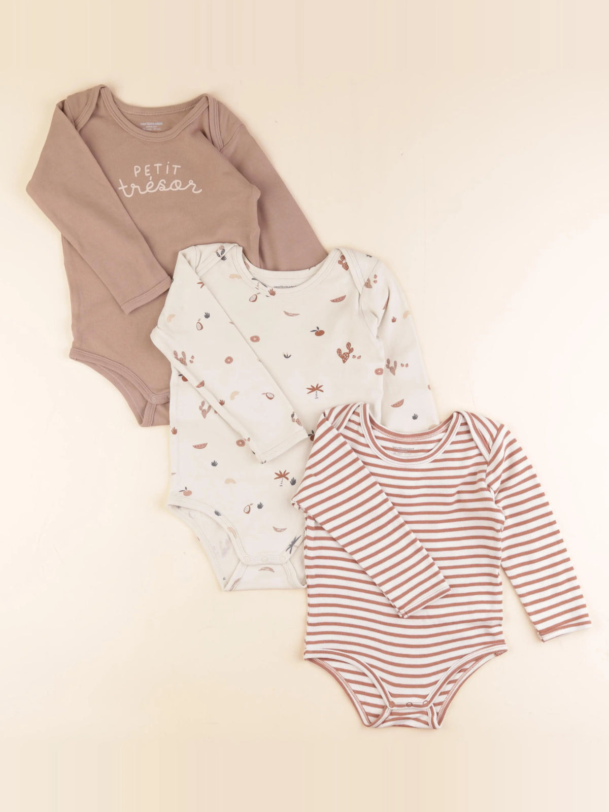 Vertbaudet - lot de 3 bodies en coton marron - 36 mois