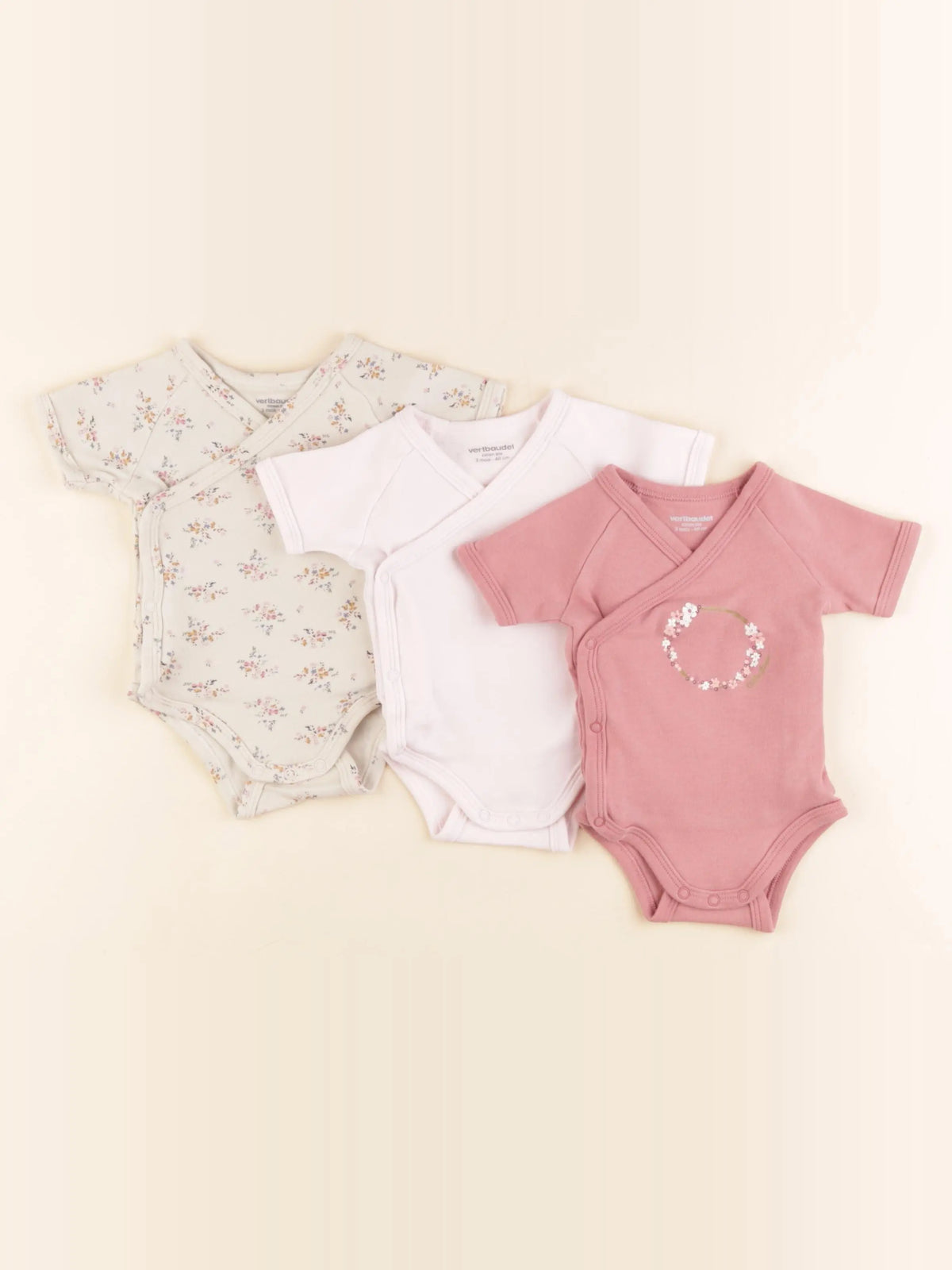 Vertbaudet - lot de 3 bodies en coton beige, rose - 3 mois