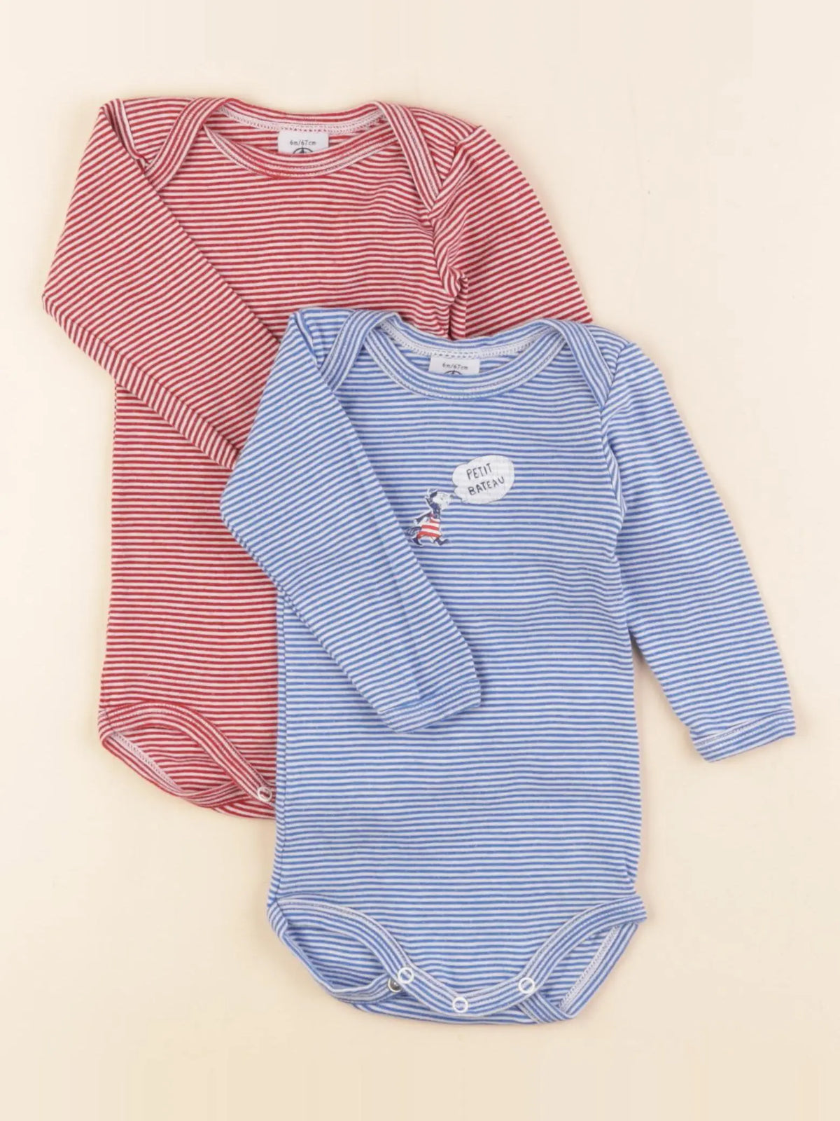 Petit Bateau - lot de 2 bodies en coton bleu, rouge - 6 mois