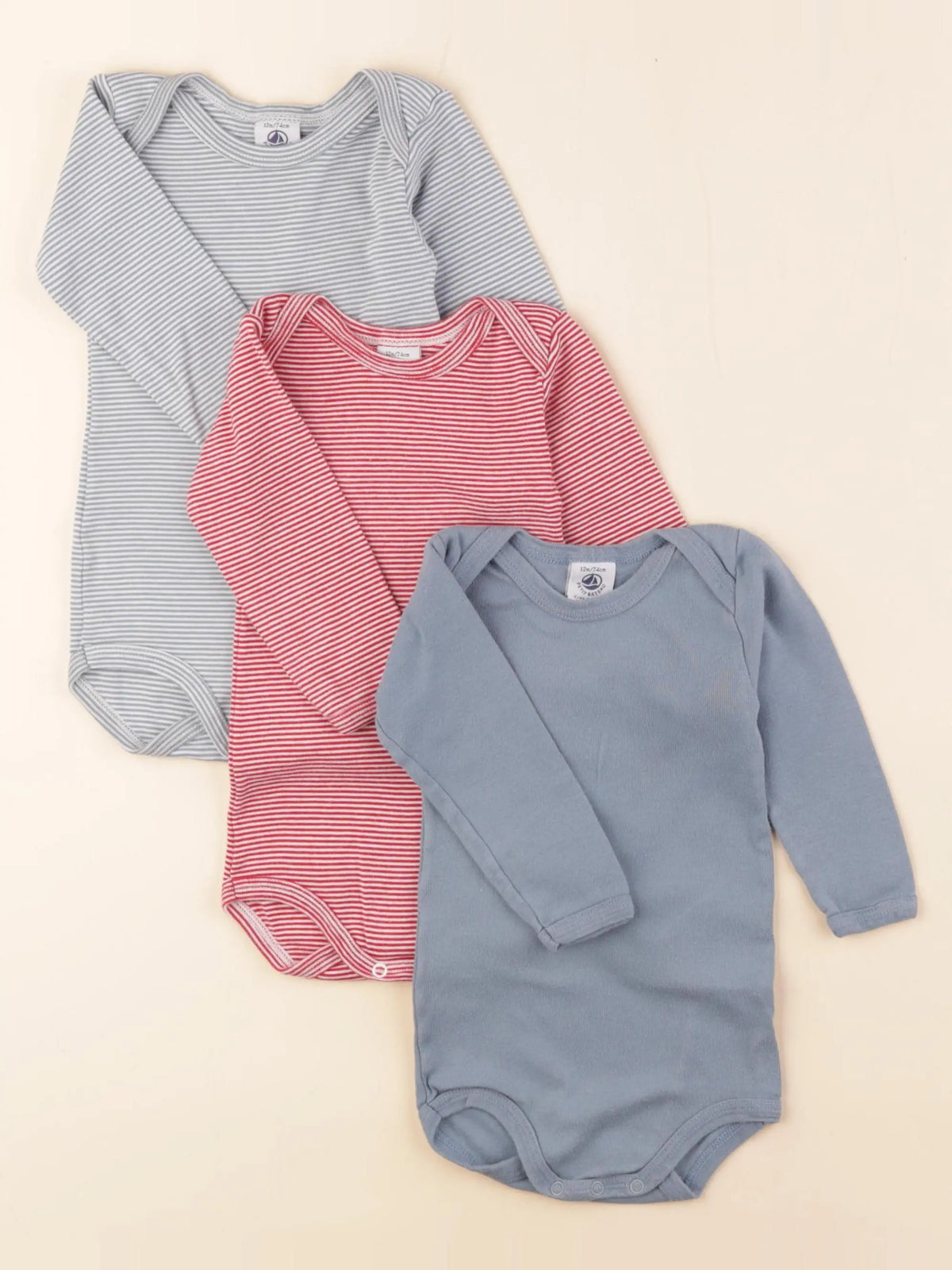 Petit Bateau - lot de 3 bodies en coton bleu, rouge - 12 mois