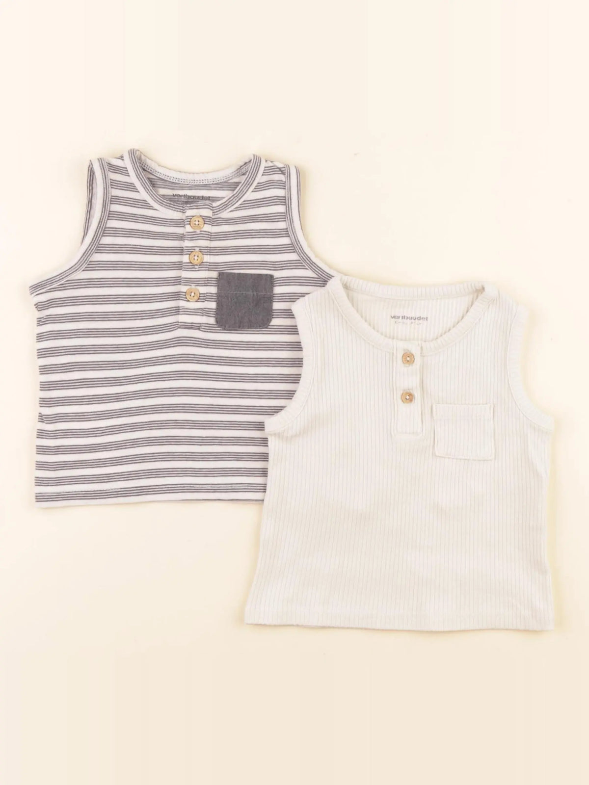 Vertbaudet - lot de 2 débardeurs bleu, beige - 6 mois