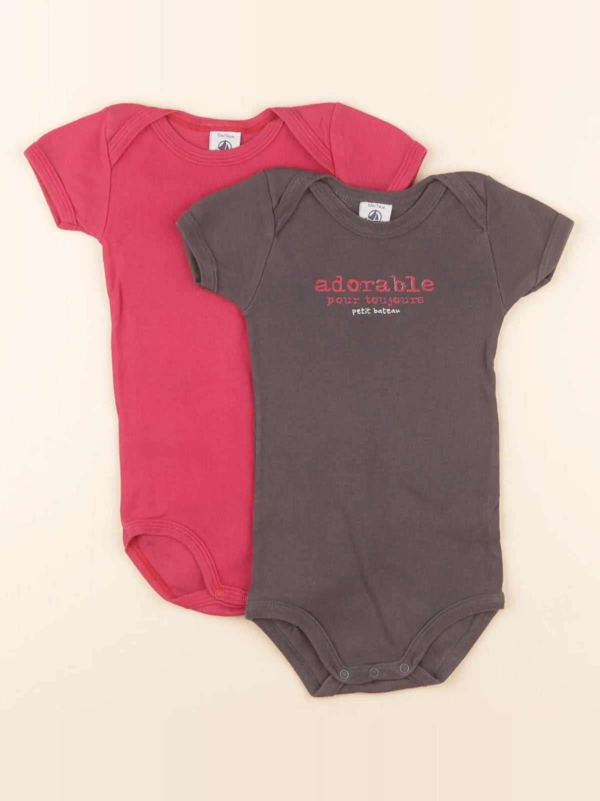 Petit Bateau - lot de 2 bodies en coton rose, marron - 12 mois