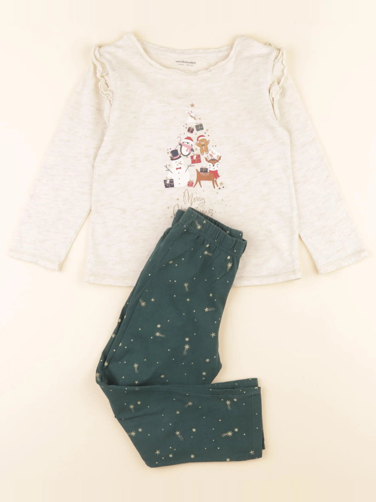 Vertbaudet - pyjama coton beige, vert - 4 ans