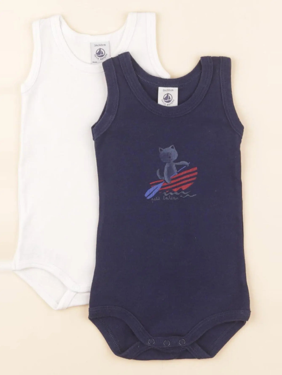 Petit Bateau - lot de 2 bodies en coton blanc, bleu - 3 mois
