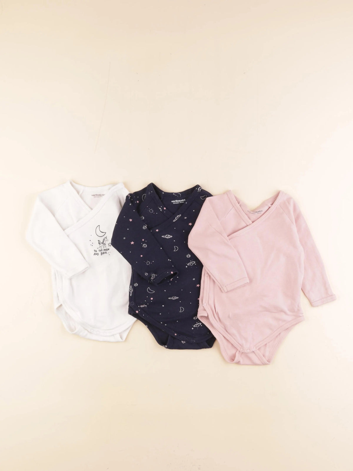 Vertbaudet - lot de 3 bodies en coton rose, bleu, blanc - 12 mois