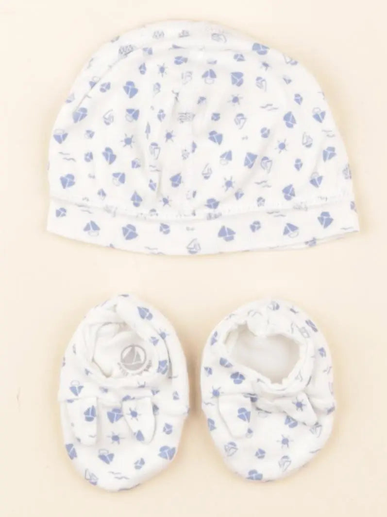 Petit Bateau - ensemble bonnet/chaussons blanc, bleu - 0 mois