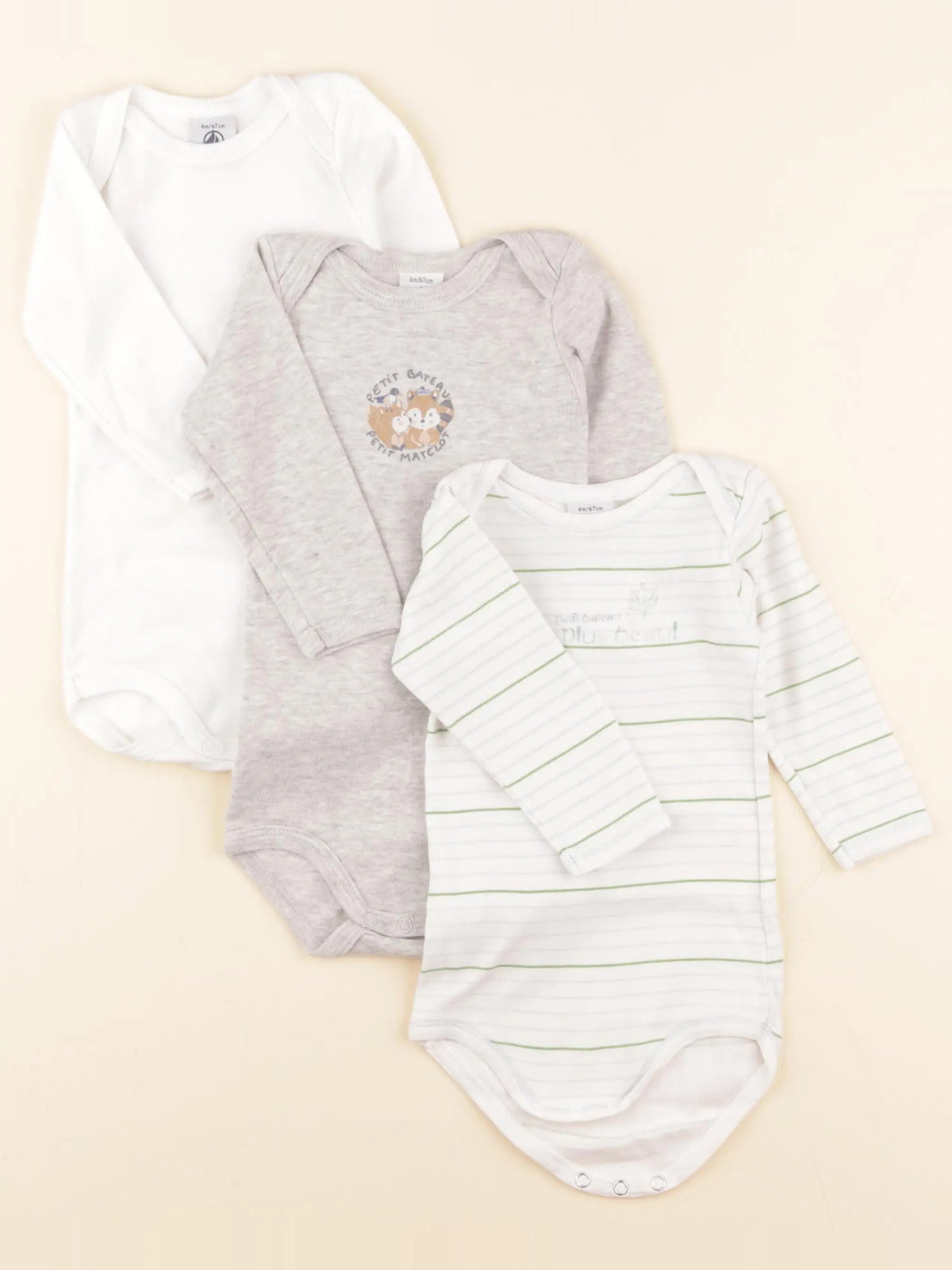 Petit Bateau - lot de 3 bodies en coton blanc, gris - 6 mois
