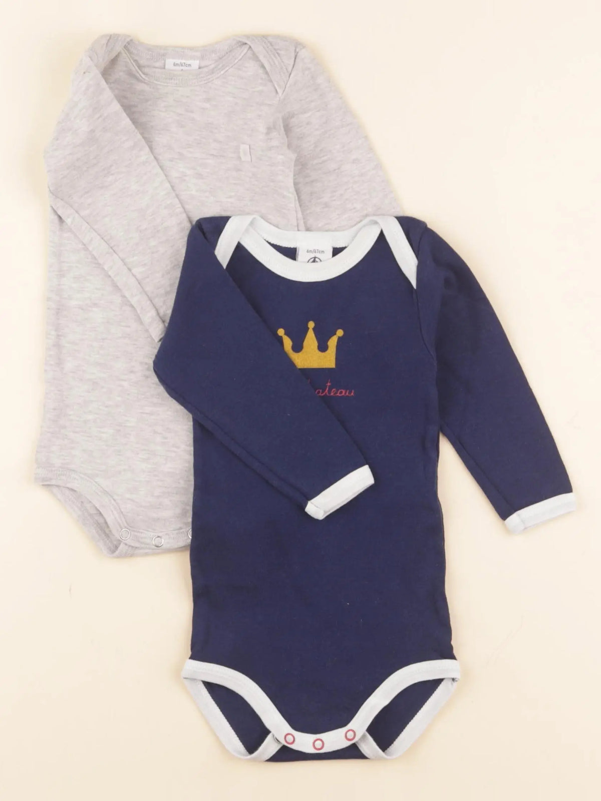 Petit Bateau - lot de 2 bodies en coton bleu, gris - 6 mois