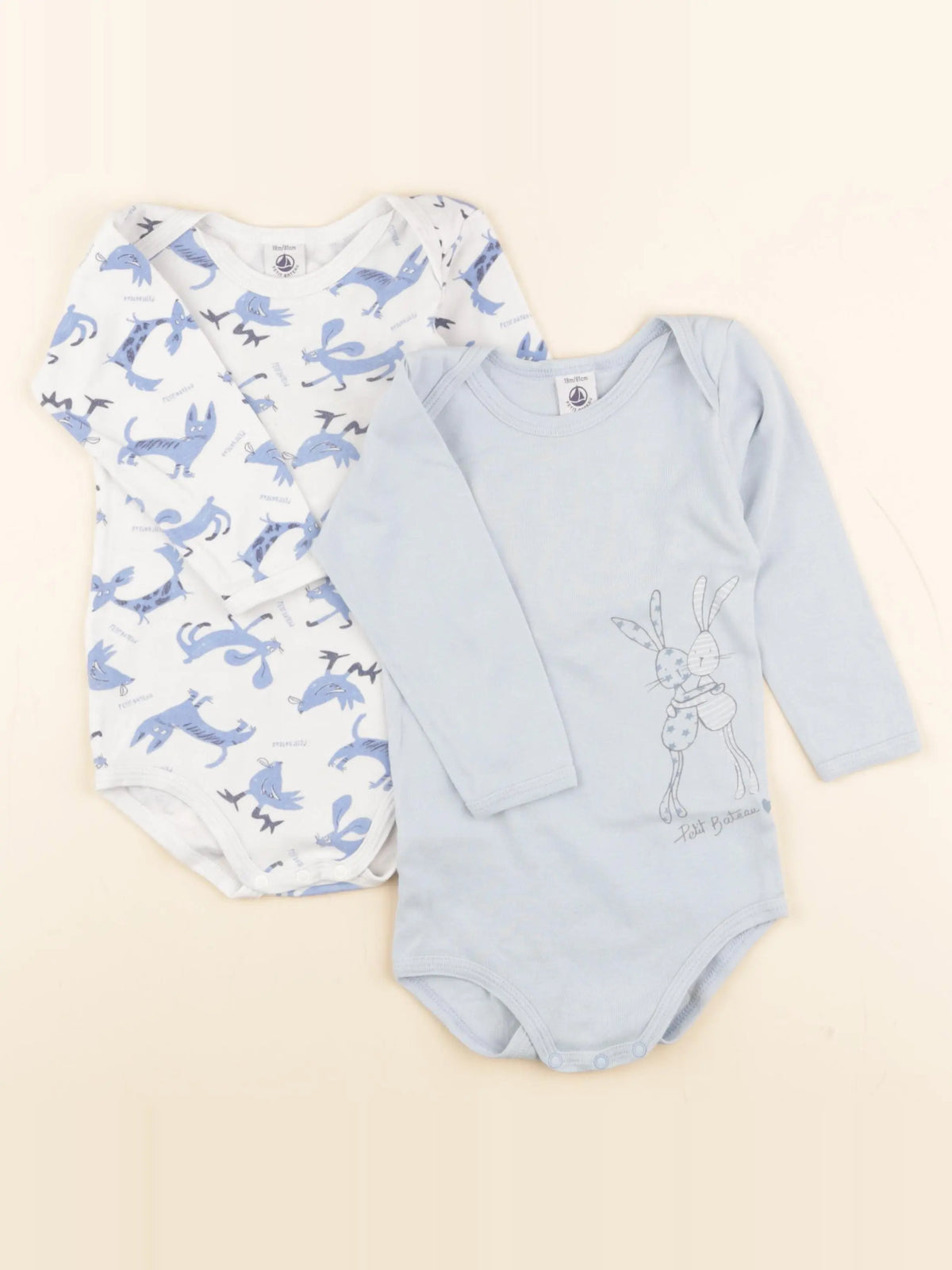 Petit Bateau - lot de 2 bodies en coton blanc, bleu - 18 mois