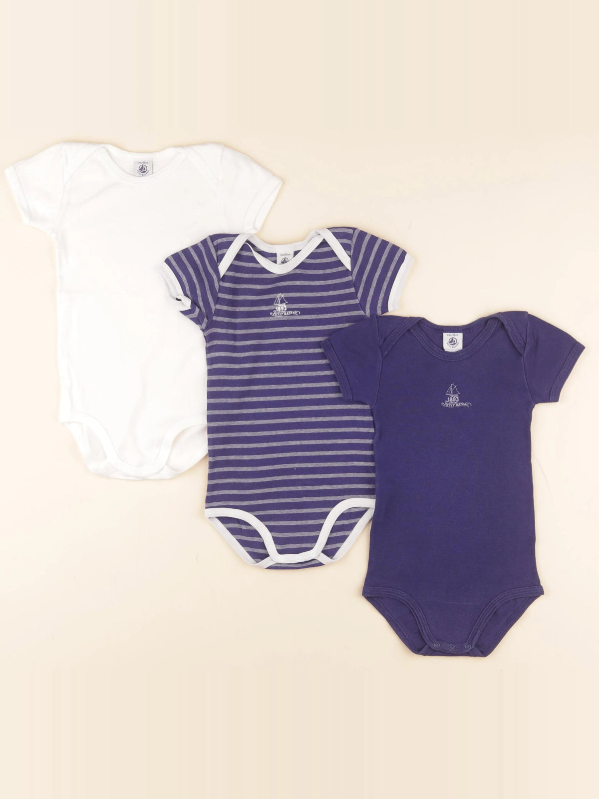 Petit Bateau - lot de 3 bodies en coton bleu, blanc - 24 mois