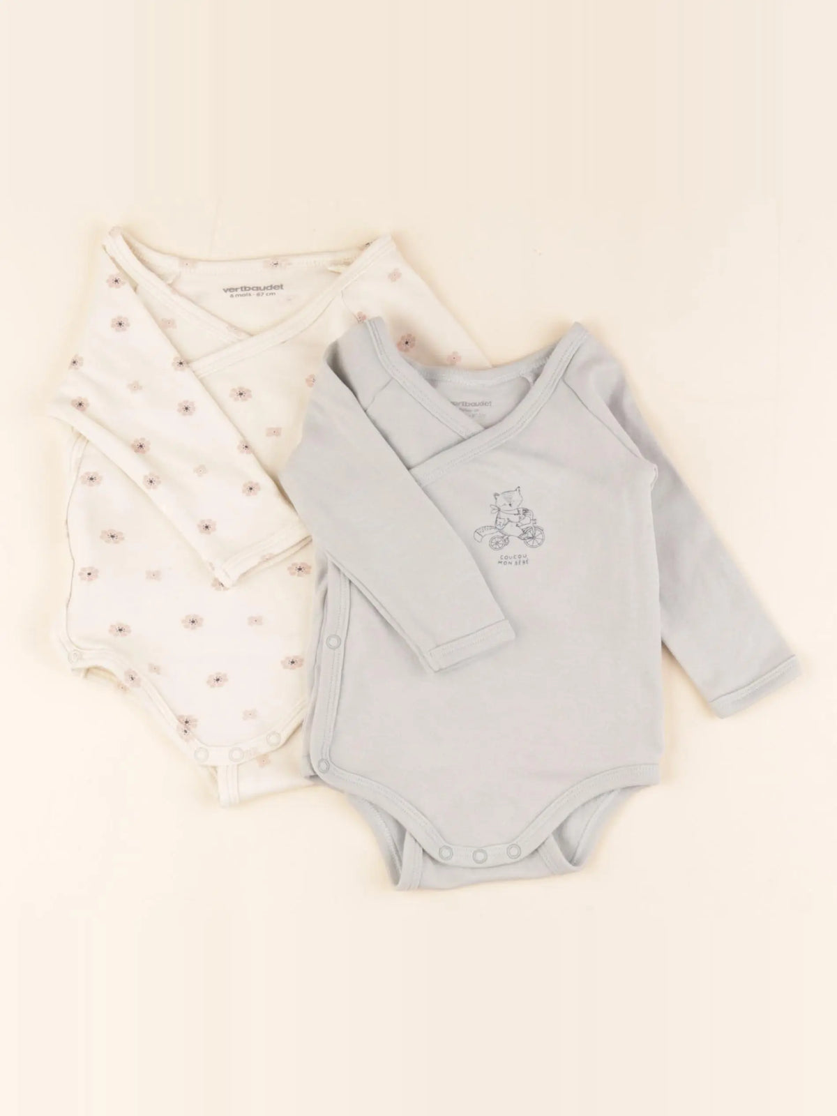Vertbaudet - lot de 2 bodies en coton beige, vert - 6 mois